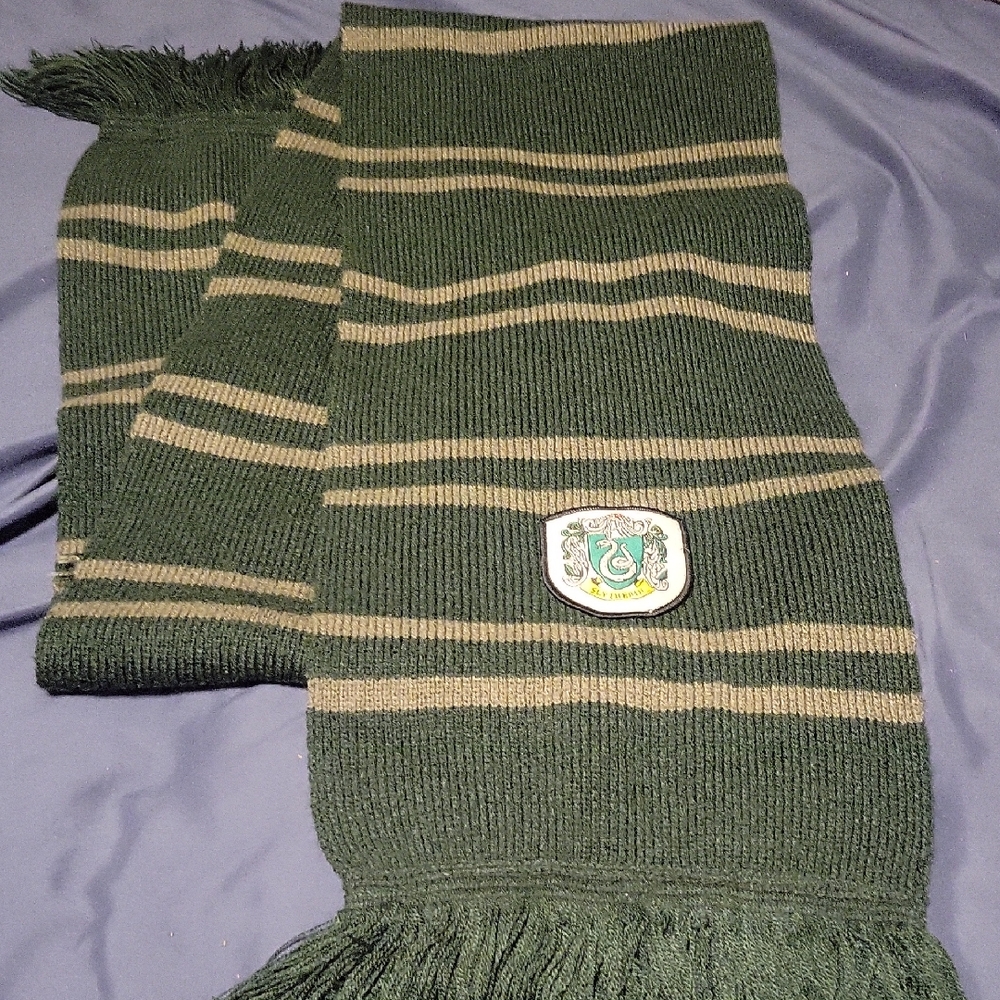 Green and Gray Striped Scarf with Crest